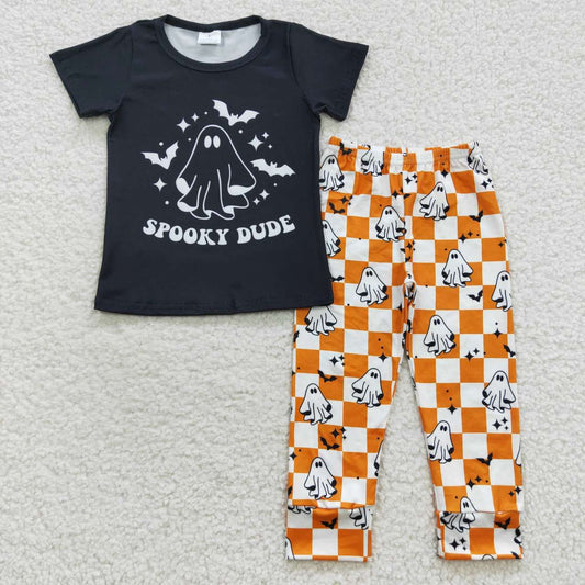 BSPO0128 bat black short-sleeved top +ghost bat orange plaid boy trousers set
