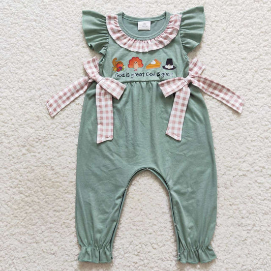 SR0438 god is great offset printed turkey plaid bow green short sleeve jumpsuit