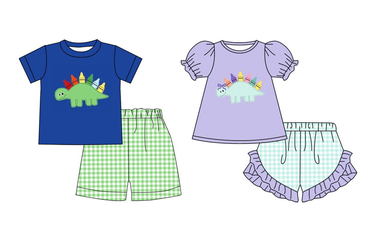 BSSO0805 Color Crayon Dinosaur Blue Short Sleeve Green Plaid Shorts Set