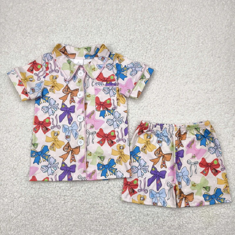Match Baby Girls Colorful Bows Buttons Shirt Shorts Pajamas Clothes Sets  D 5.26
