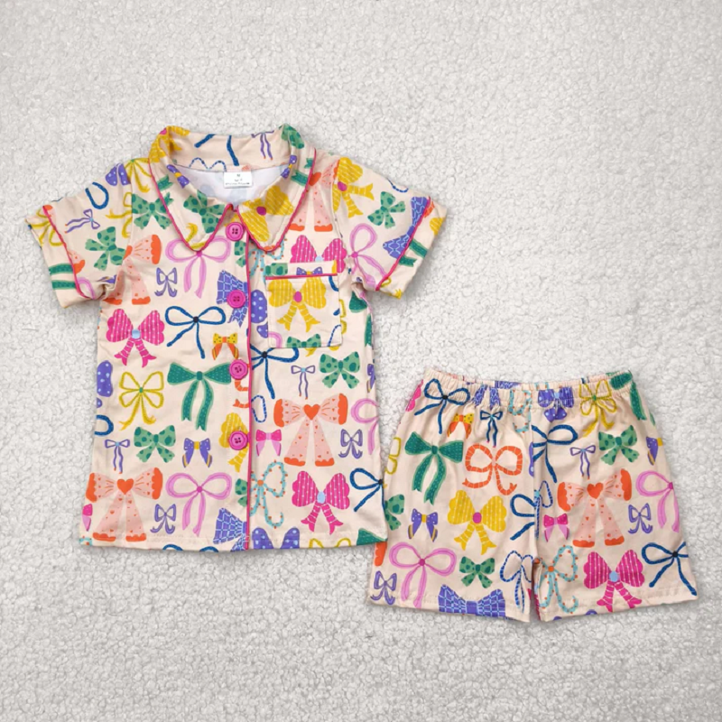 Match Baby Girls Colorful Bows Buttons Shirt Shorts Pajamas Clothes Sets  D 5.26