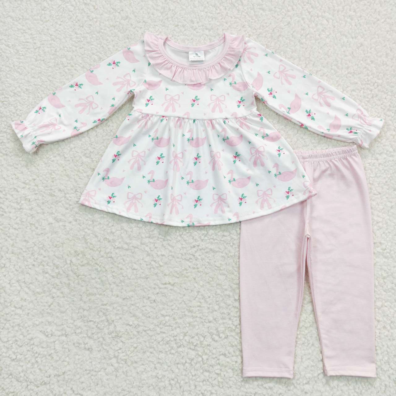 GLP0882 Goose bow lace white long-sleeved pink trousers suit