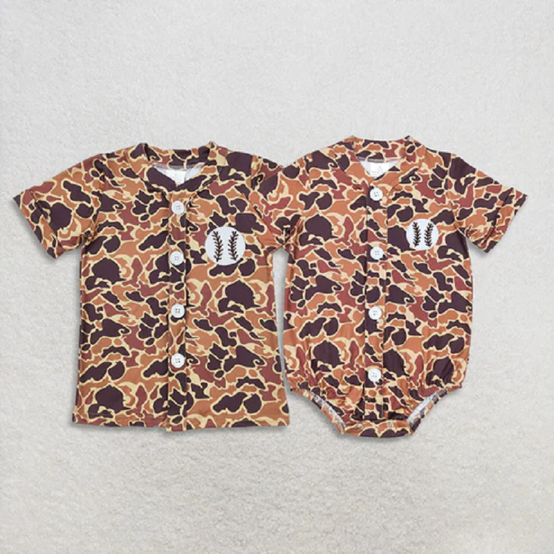 Match Baseball Baby Boys Brown Camo Button Team Short Sleeve Shirts Tops Rompers   D 1121