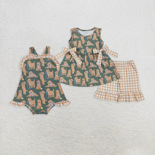 Sibling Baby Girls Green Sleeveless Dogs Bows Tunic Khaki Plaid Ruffle Shorts Sets Rompers  D 7.8