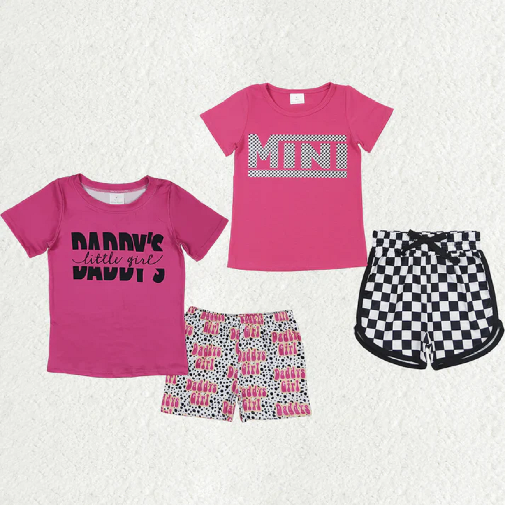 Match Baby Girls Mini Rose Red Short-sleeved Black And White Plaid Shorts Suit D 5.26