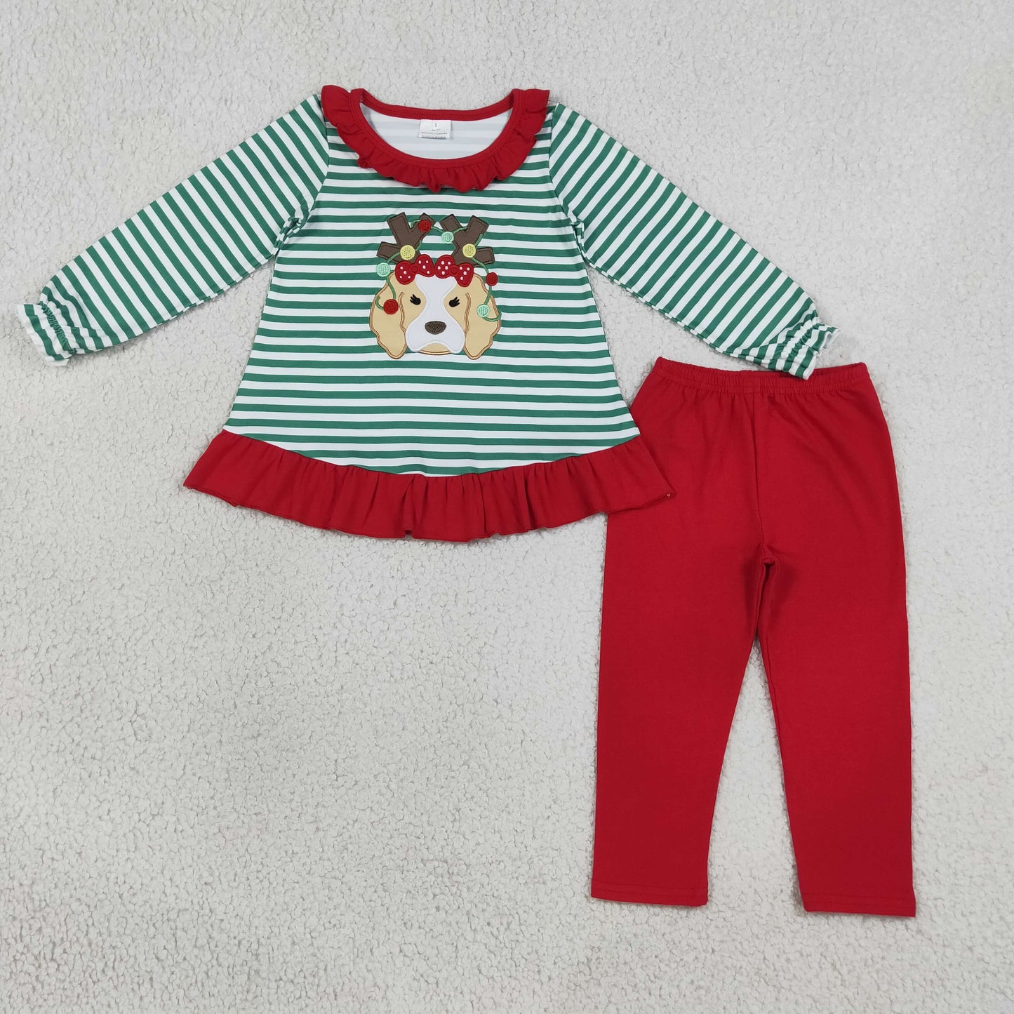 embroidered antlers bean dog leggings set Christmas girl outfit