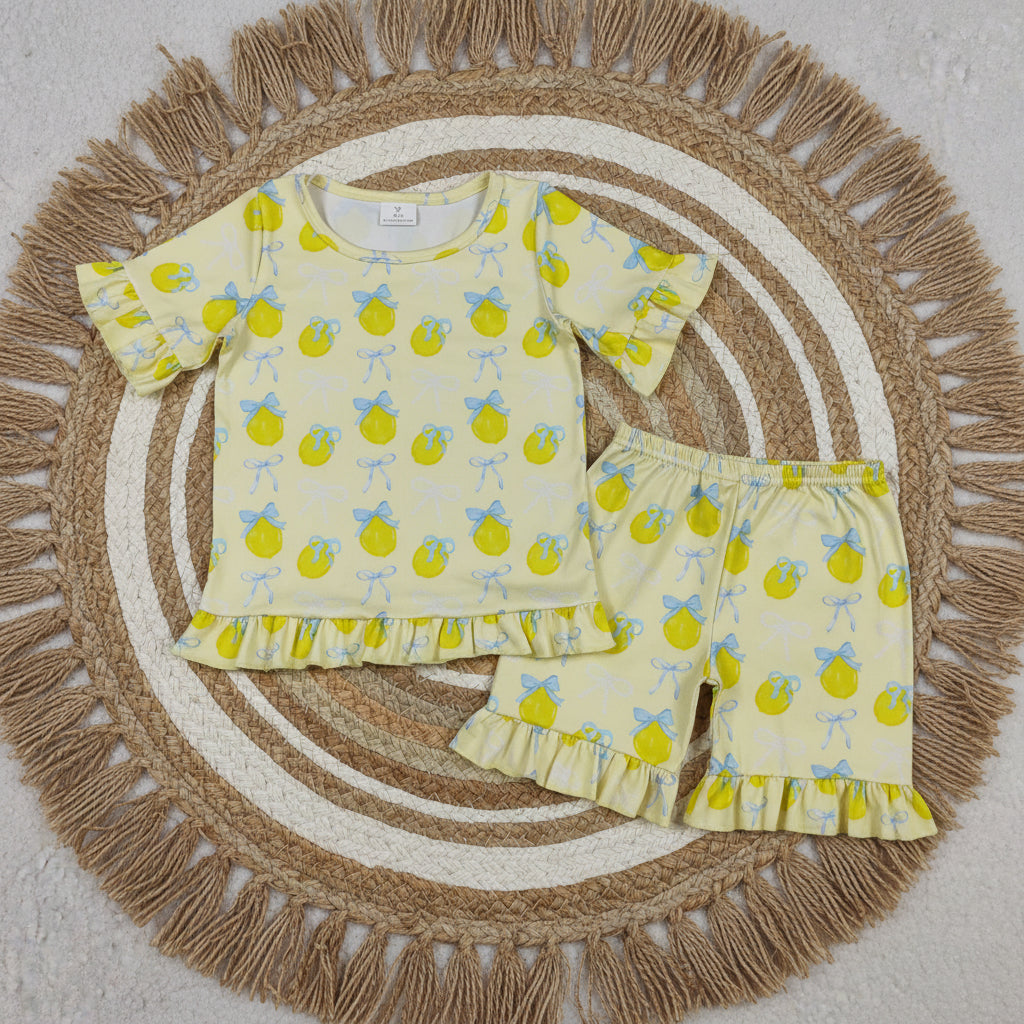 bow lemon ruffle shorts set summer girl clothing