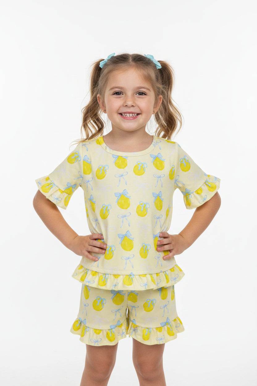 bow lemon ruffle shorts set summer girl clothing