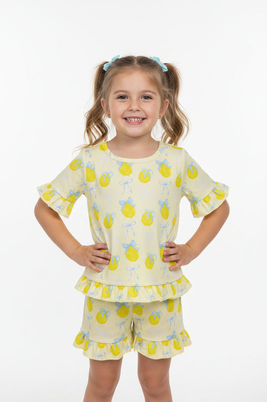 bow lemon ruffle shorts set summer girl clothing