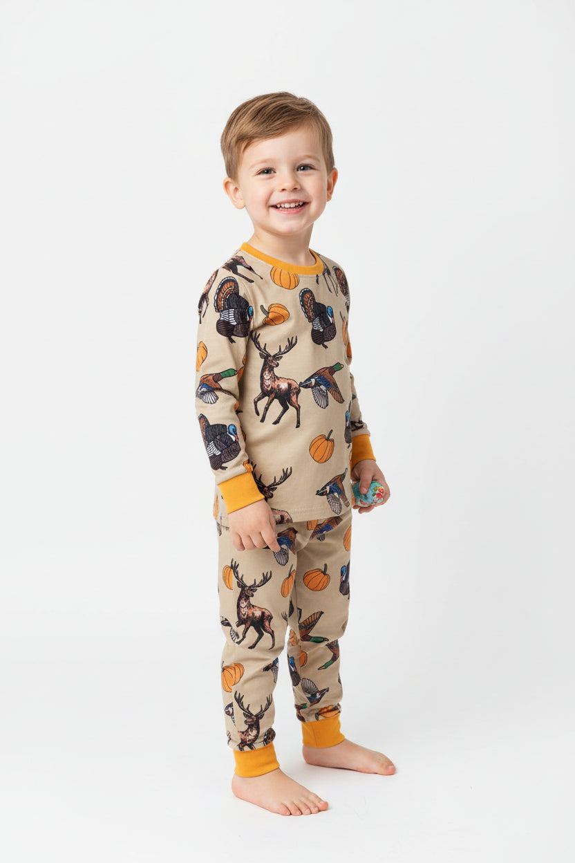 deer duck pumpkin print boy PJ set