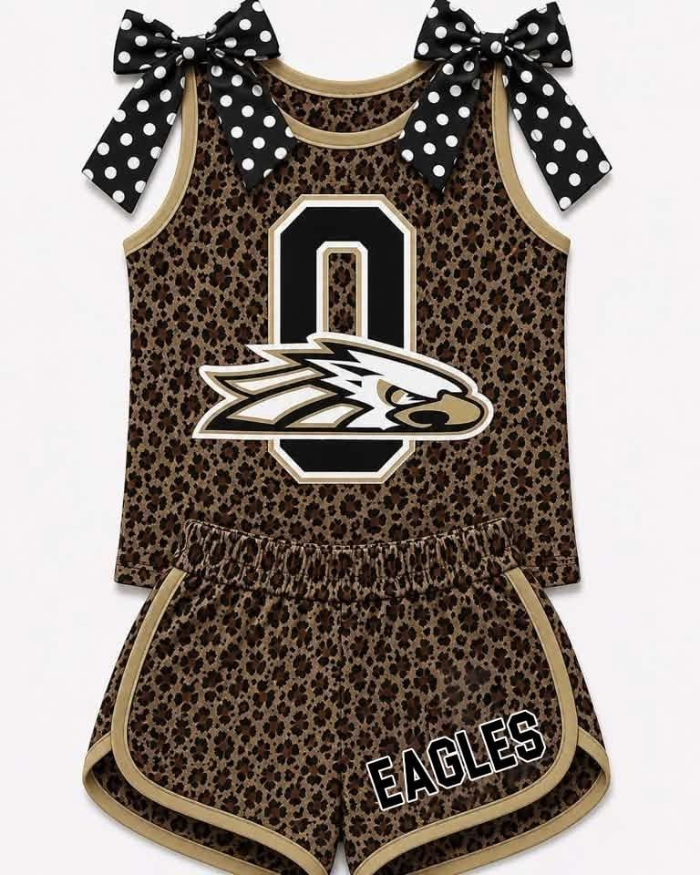 Custom order MOQ 3 Baby Girls Leopard Eagles Bows Sleeveless Top Shorts Team Clothes Sets