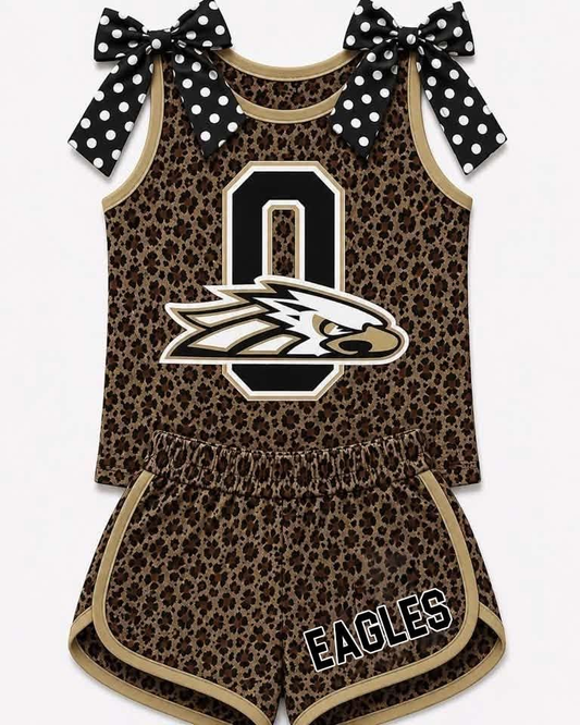 Custom order MOQ 5 Baby Girls Leopard Eagles Bows Sleeveless Top Shorts Team Clothes Sets