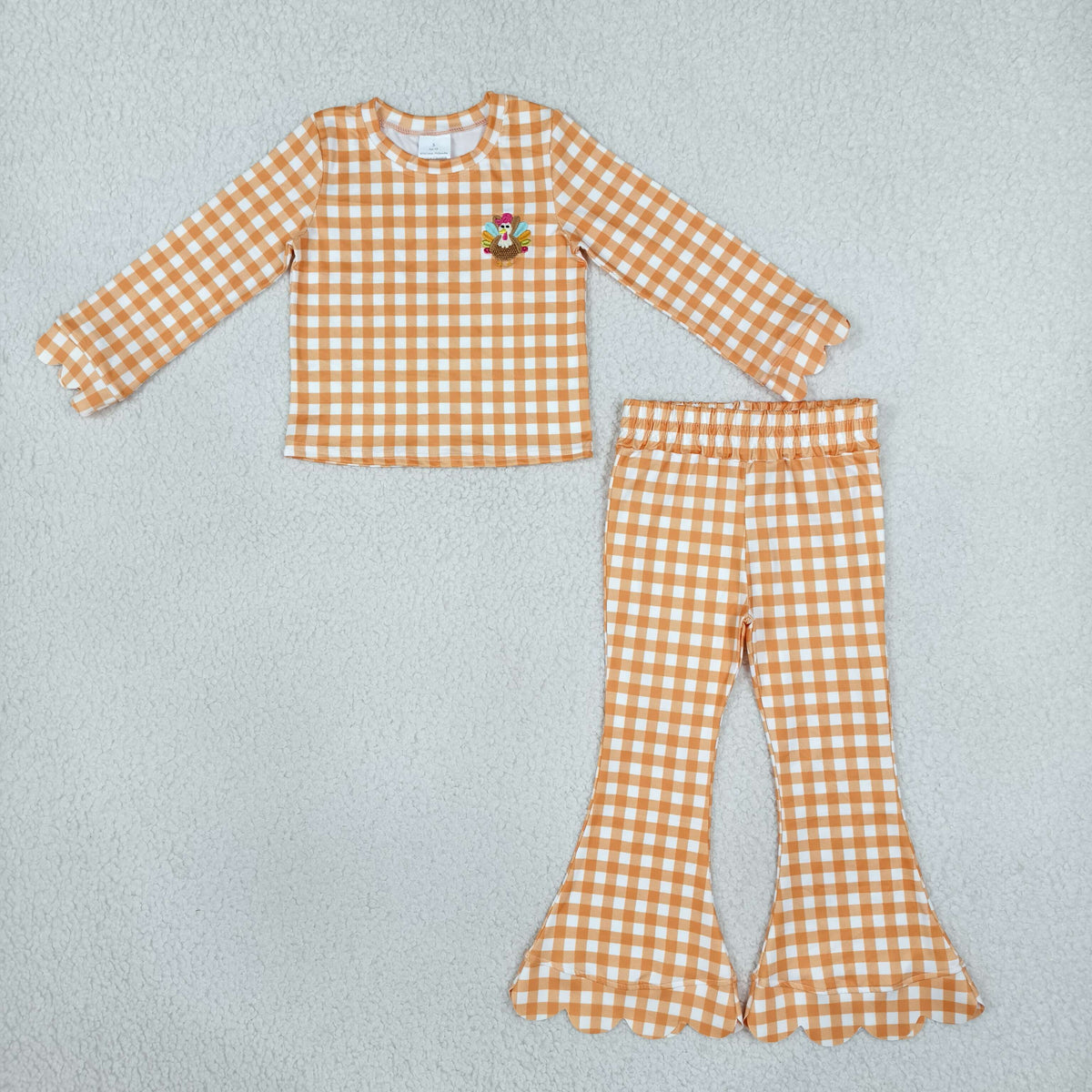 orange gingham scallop outfit with embroidery turkey pattern