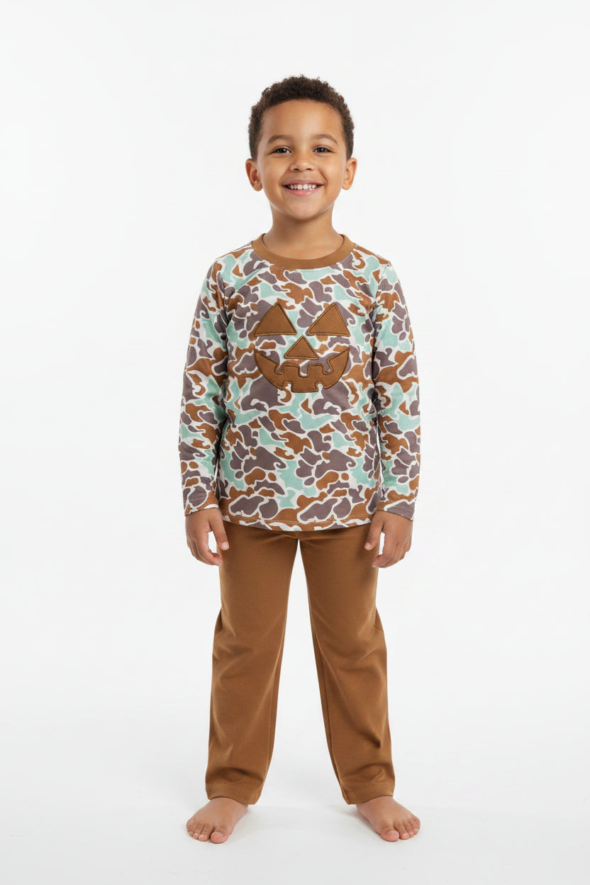 camo Halloween pumpkin face pants boy outfit