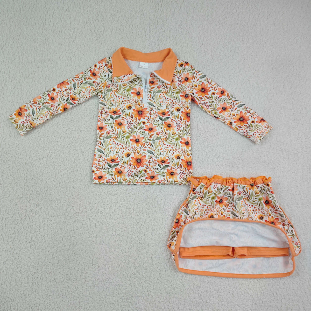 zipper long sleeve autumn flower pullover skorts set