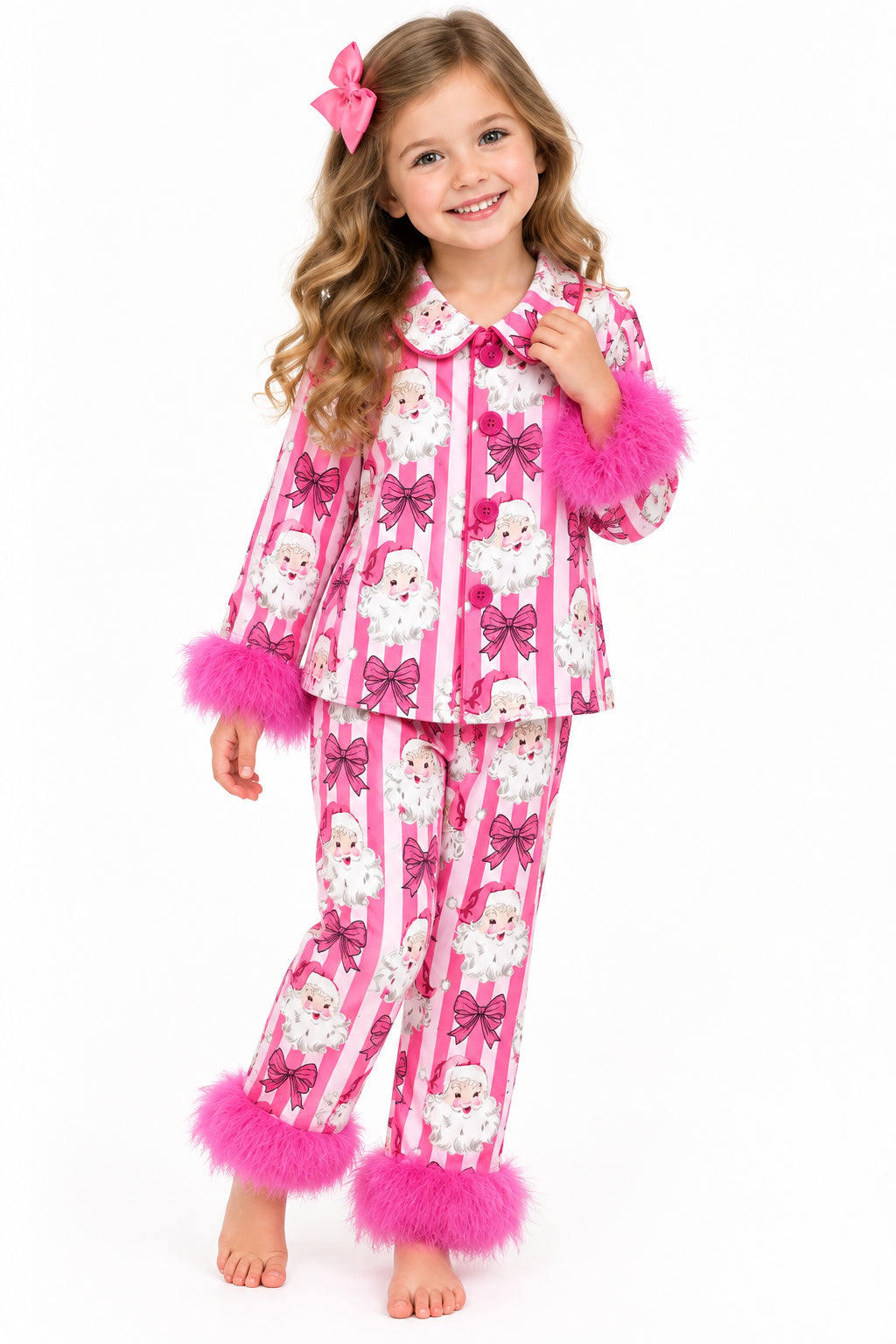 pink bow santa print button fur girl pajamas