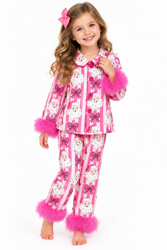 pink bow santa print button fur girl pajamas