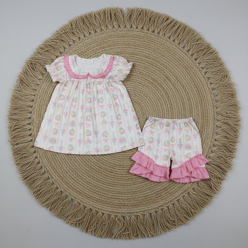 striped birthday balloons and cake shorts set summer girl clothing