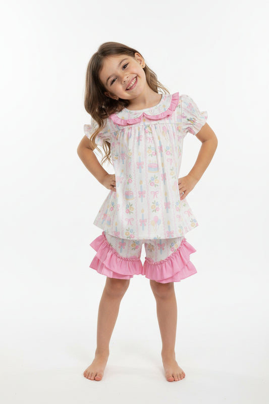 striped birthday balloons and cake shorts set summer girl clothing