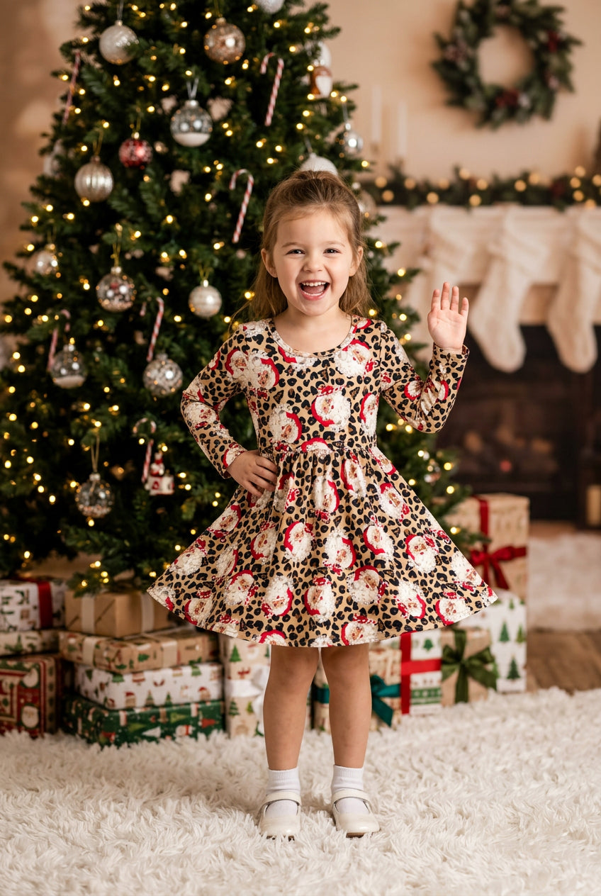 leopard with santa print long sleeve twirl dress