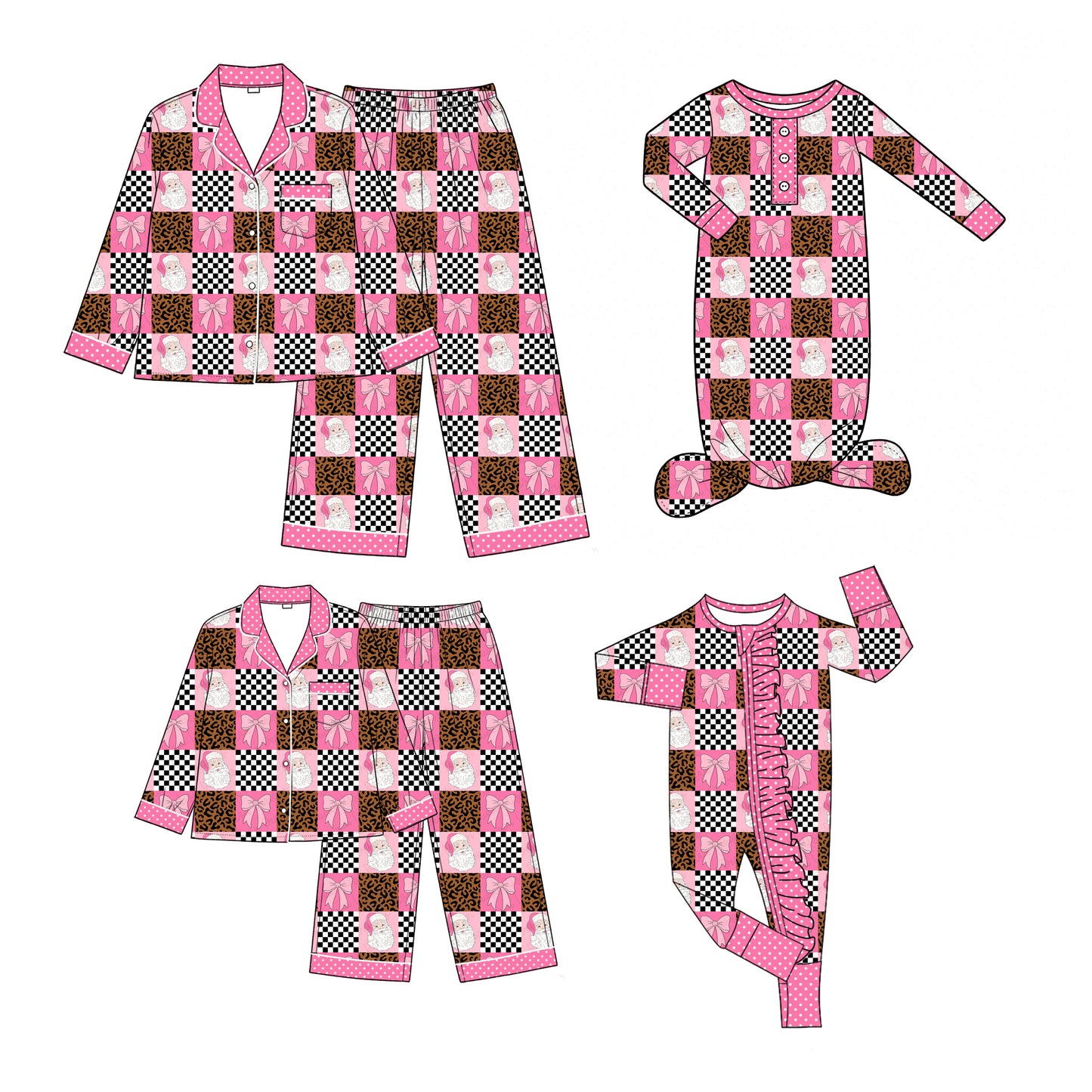 Pre order pink santa bow leopard checkered christmas girl sibling clothing