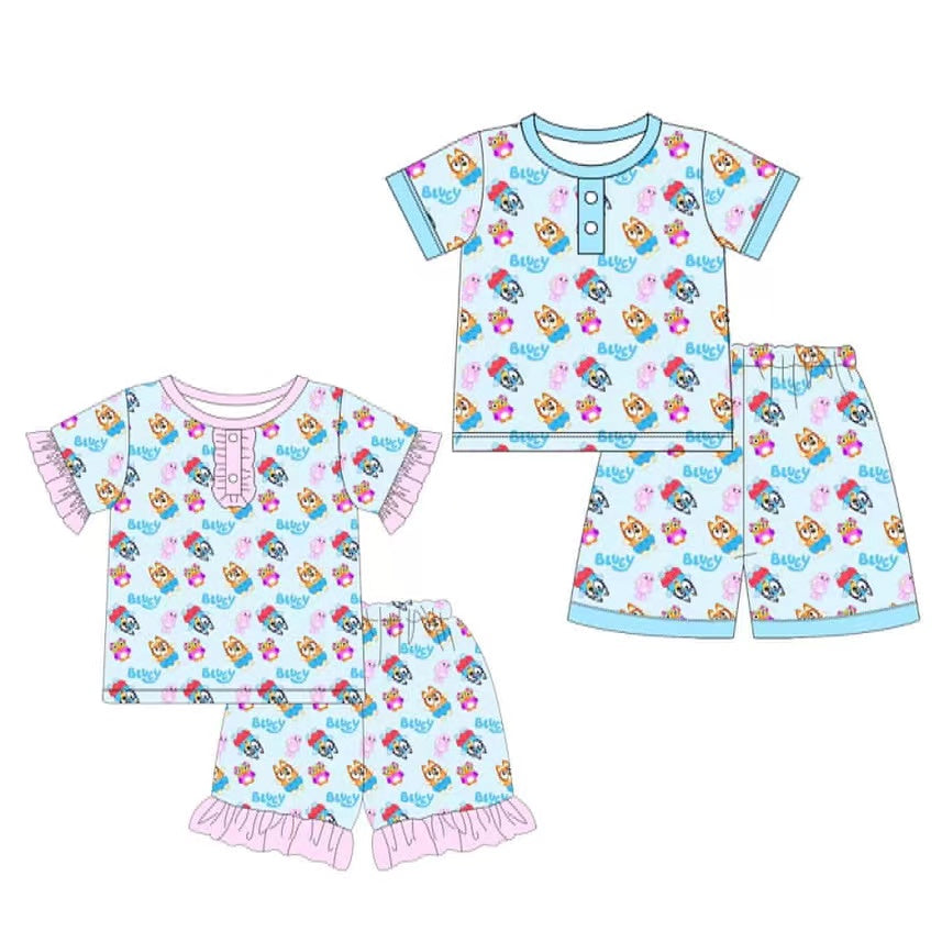 GSSO1363 Pink lace light blue short-sleeved shorts pajama set