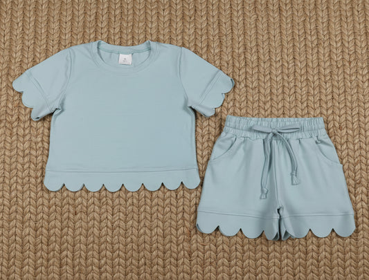 cotton blue scallop shorts set