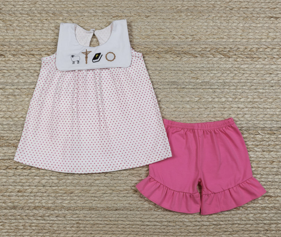 embroidery pink polk dots jesus shorts set girl clothing