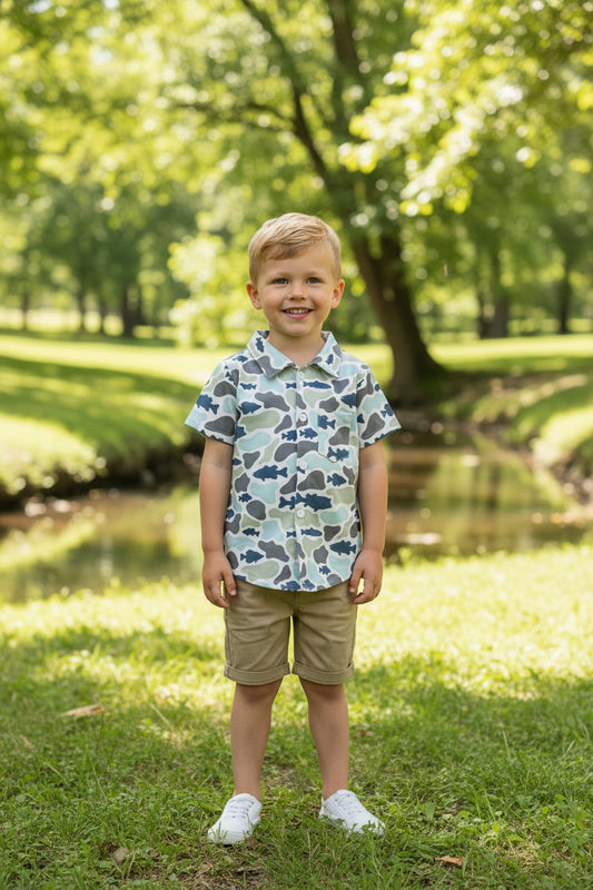 camo fish button down t-shirt boy clothes