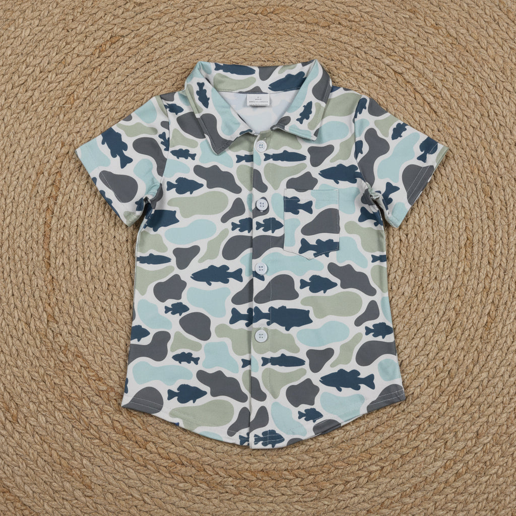 camo fish button down t-shirt boy clothes