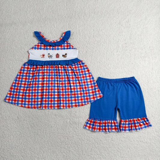 red white blue plaid farm embroidery shorts set 4th of july girl clothes