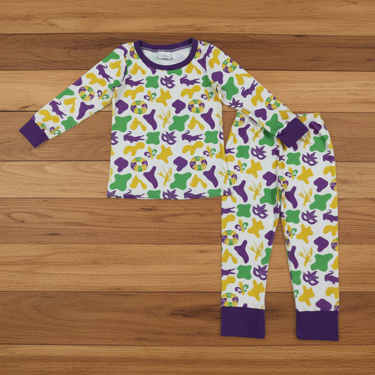 purple green gold camo kids mardi gras pajama set