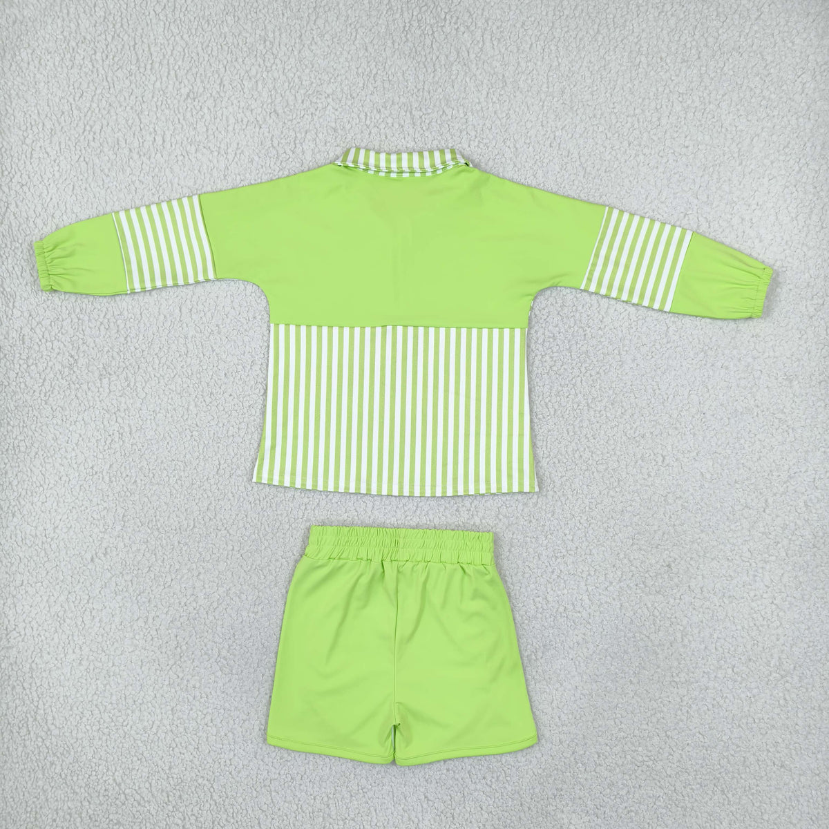 long sleeve green striped pullover shorts athletic outfit