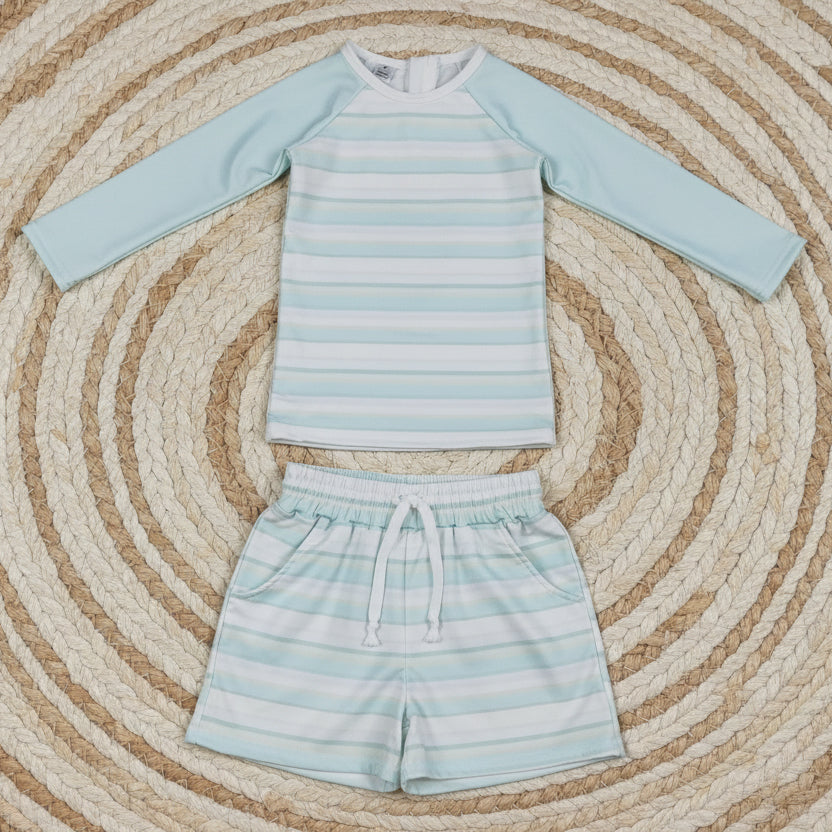 stripes boy long sleeve zip-up rash guard swimsuit set