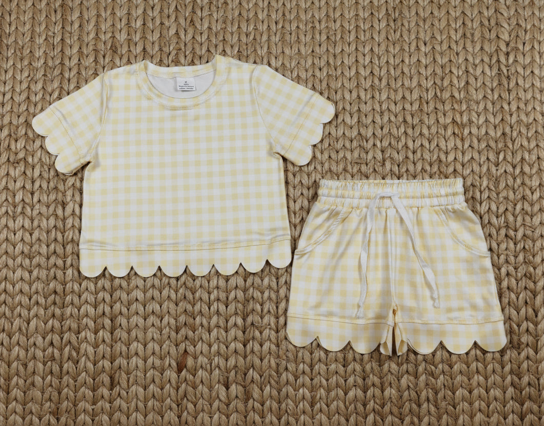 light yellow plaid gingham scallop shorts set summer clothing