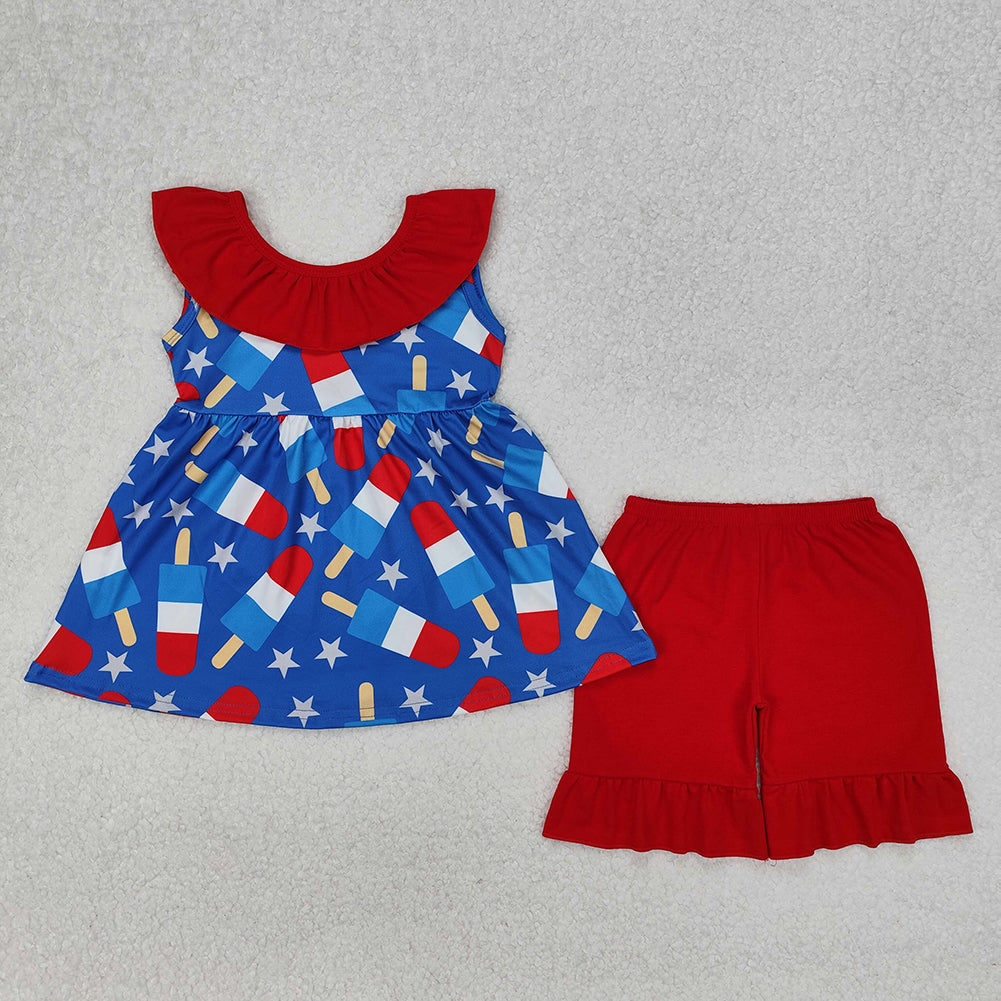 GSSO1765 National Day Star Popsicle Sleeveless Back Bow Shorts Set