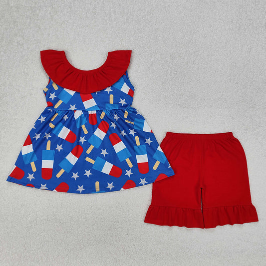 GSSO1765 National Day Star Popsicle Sleeveless Back Bow Shorts Set