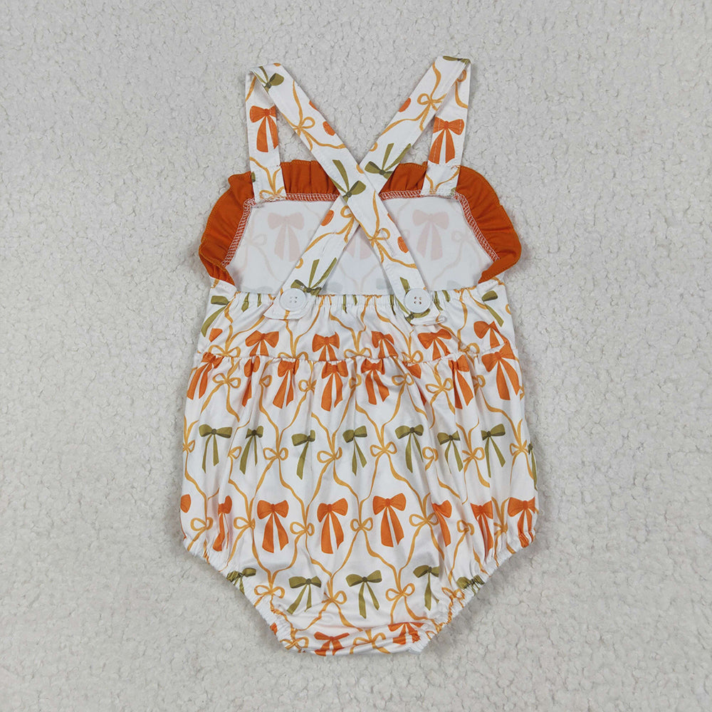 SR3148  Baby Girls Strap Orange Bows Plaid Ruffle Rompers D 6.2