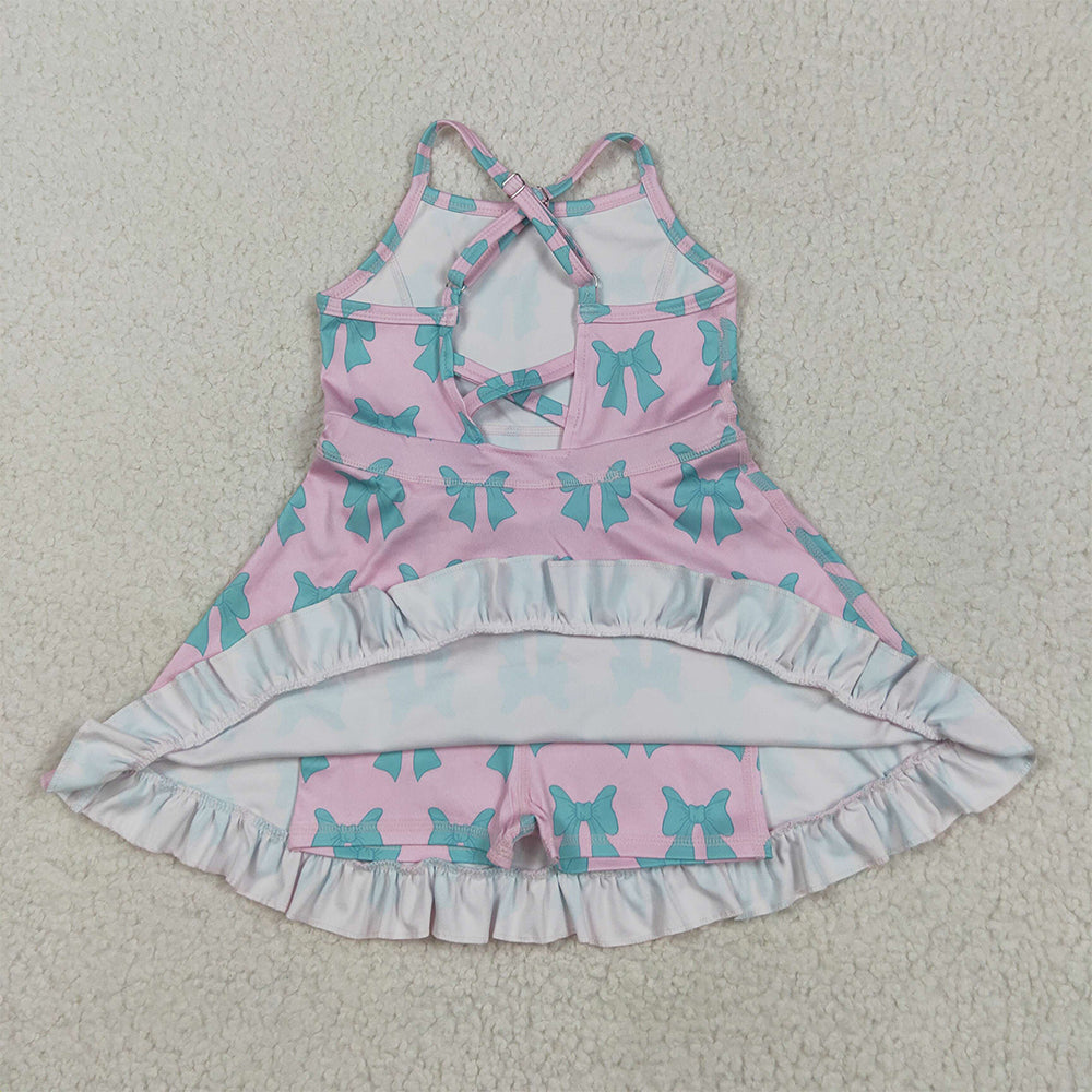 GSD2293 Baby Girls Pink Strap Green Bows Yoga Ruffle Knee Length Dresses  D 5.22
