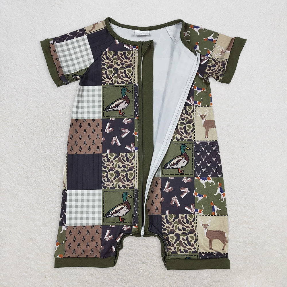 SR0902  Baby Boys Hunting Deer Duck Short Sleeve Zip Rompers D 5.24