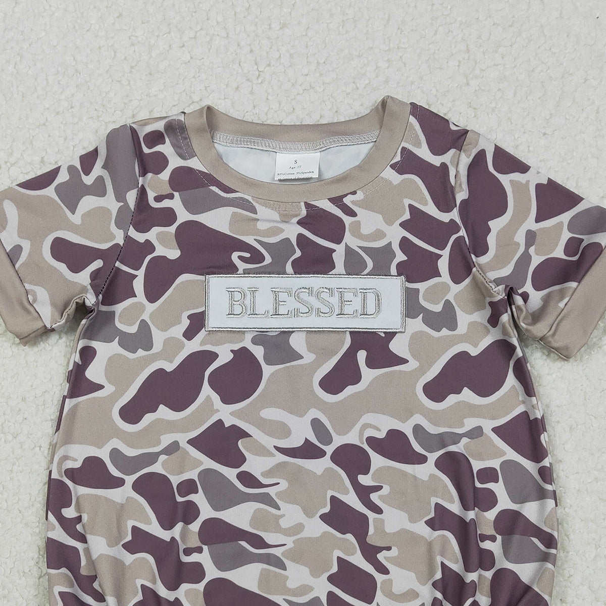 Embroidery 'Blessed' Baby Boys Southern Grey Camo Rompers Cute Baby Boy Outfit with Embroidery Detailing
