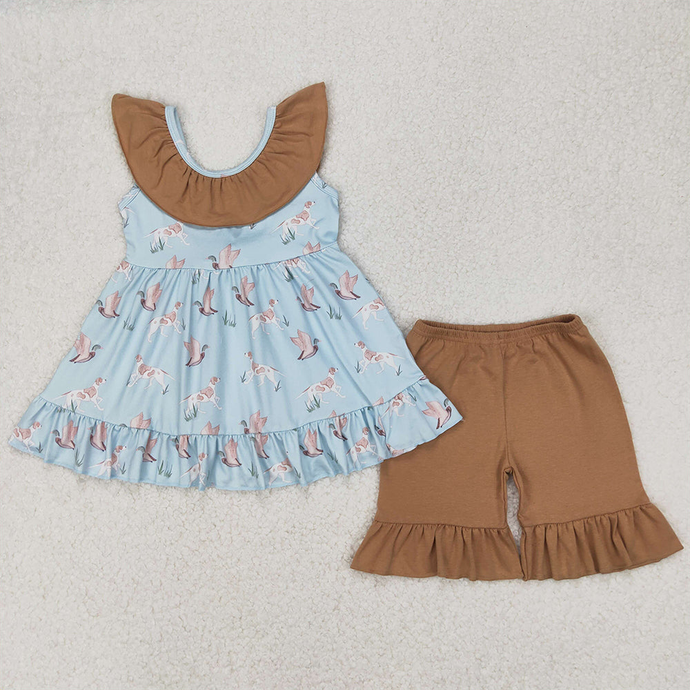 GSSO2385 Baby Girls Sleeveless Dogs Ducks Tunic Khaki Ruffle Short Set D 3.31
