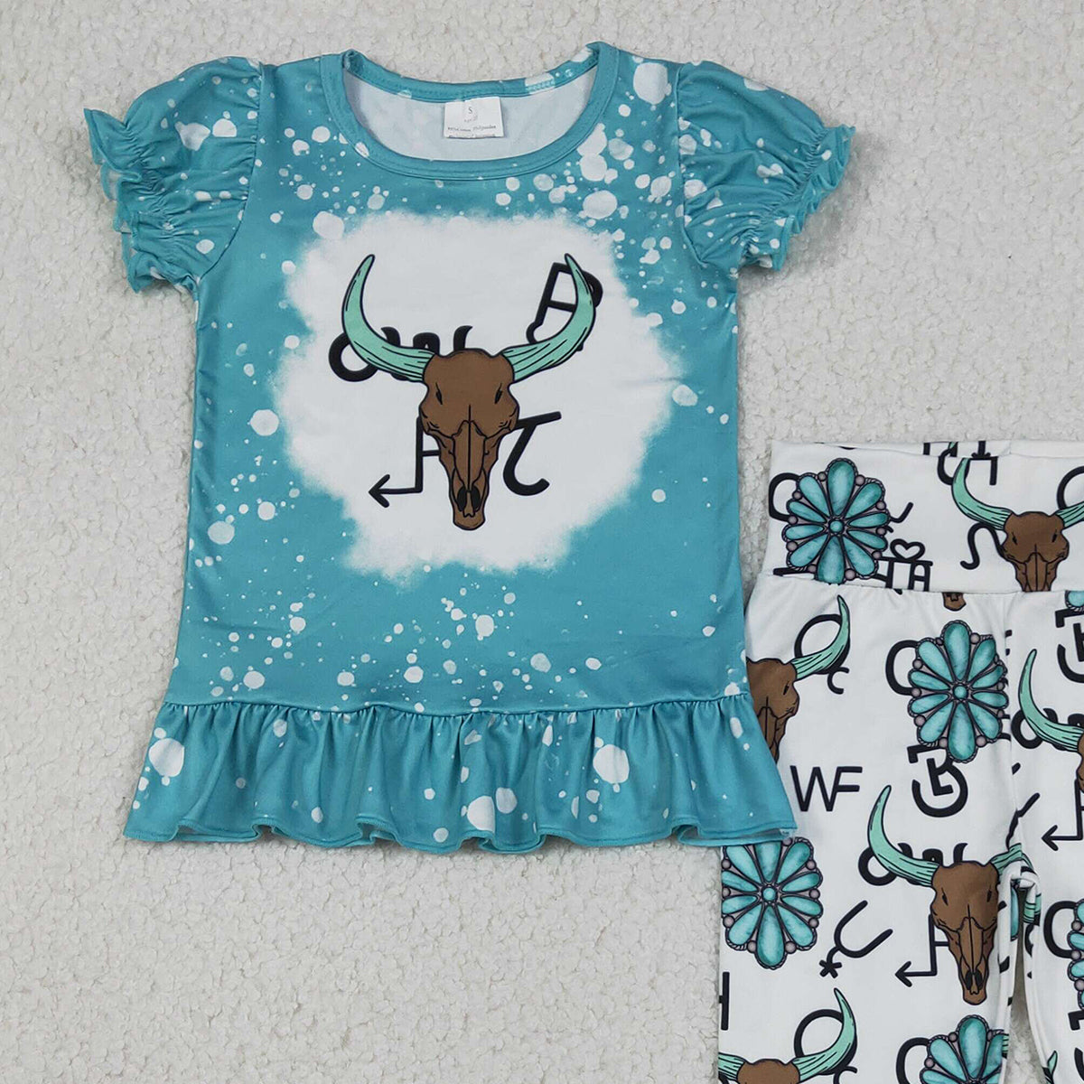 Baby Girls Western Style Clothes Set with Bull Skulls Ruffle Top And Bell Bottom Pants for Infants