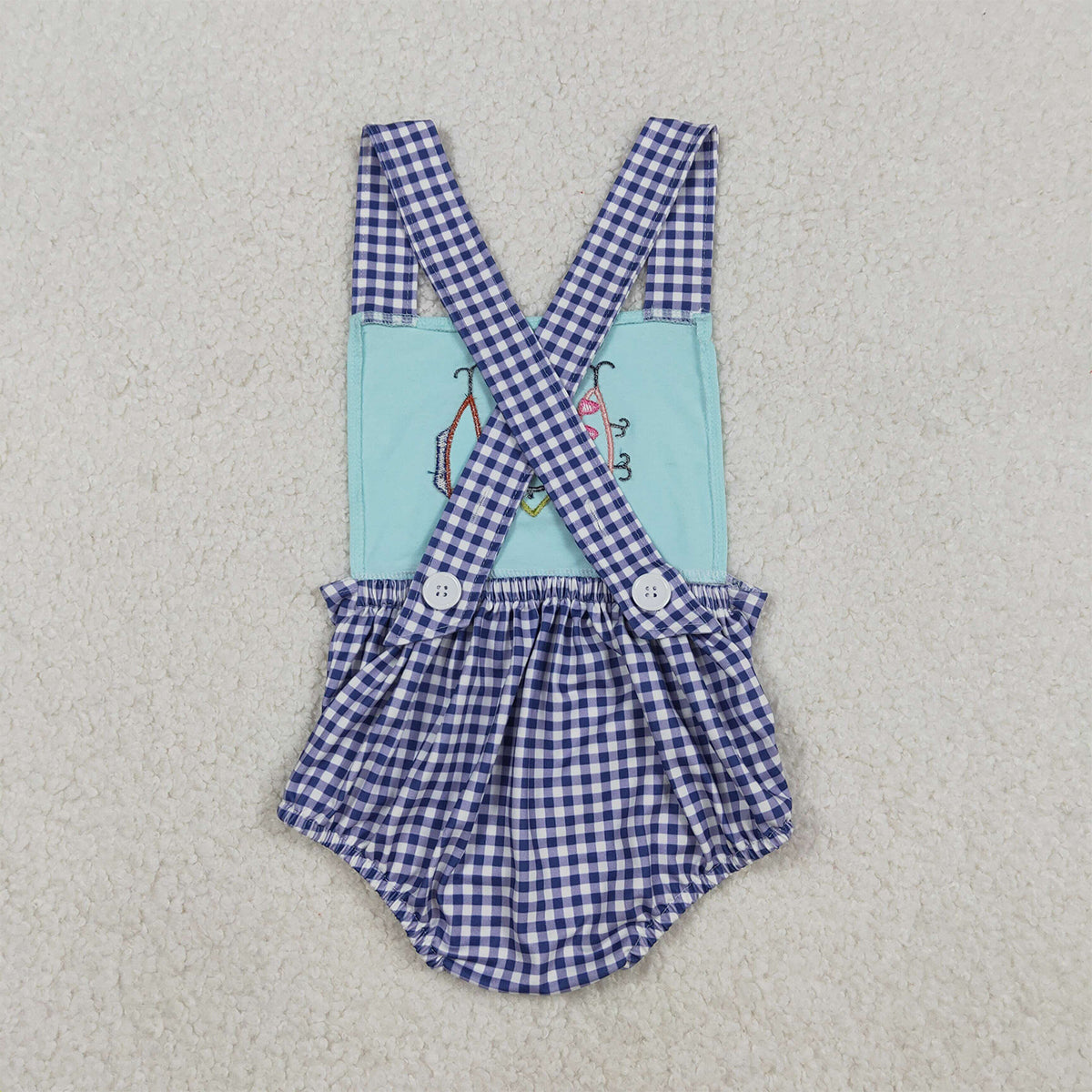 Embroidery Fishing Baby Boys Checked Rompers with Strap Hunting Theme Baby Boys Outfits
