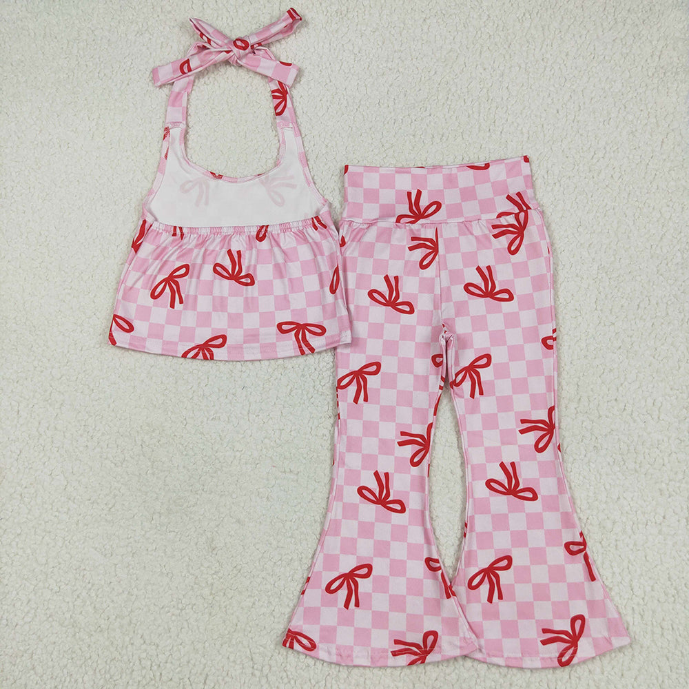 GSPO2030 Pink plaid bow halter top bell bottom pants girls clothes  D 5.16
