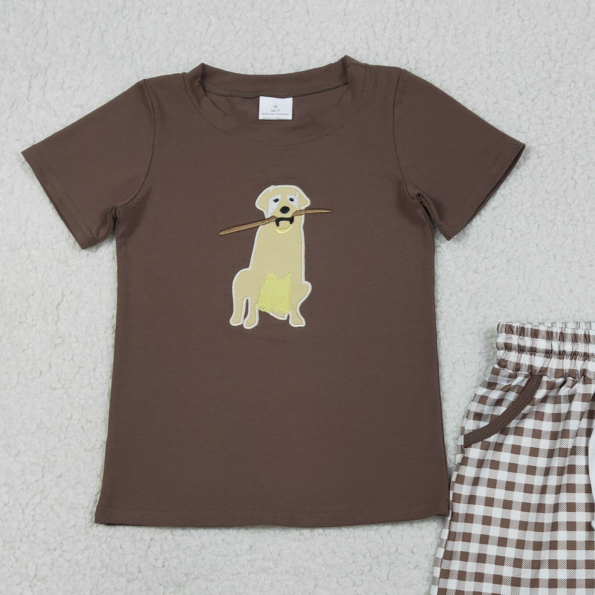 RTS NO MOQ（In Stock) BSSO1637 Embroidered Puppy Tree Branch Brown Short-Sleeved Plaid Shorts Set