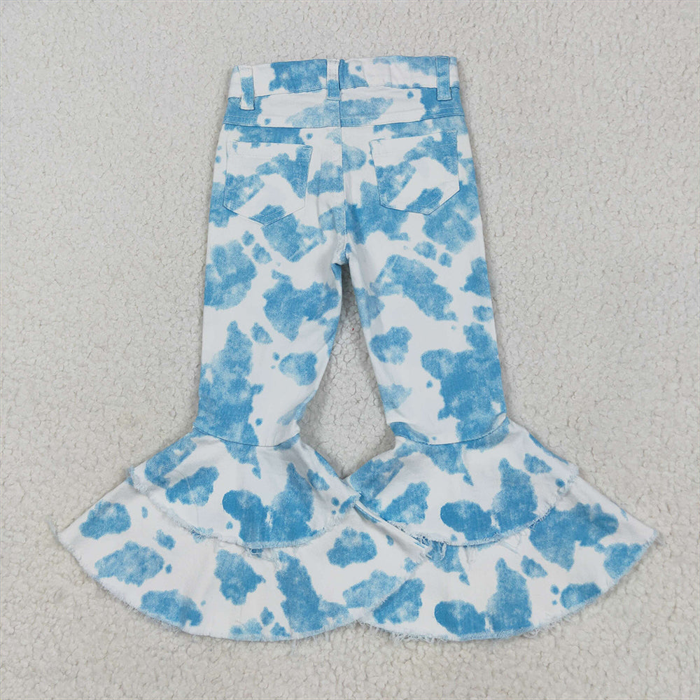 P0762 Light blue cow print kids girls ruffle jeans  D 5.16
