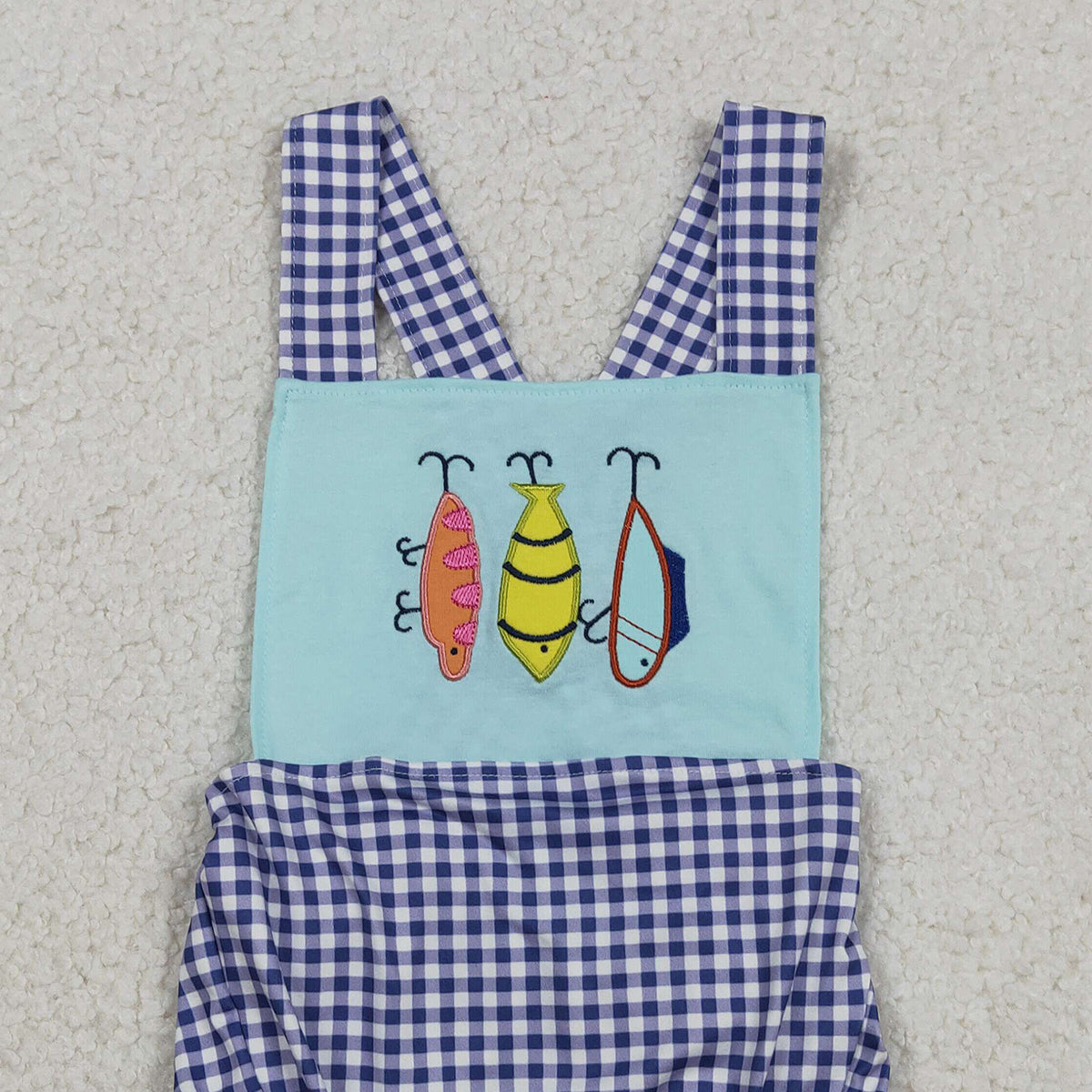 Embroidery Fishing Baby Boys Checked Rompers with Strap Hunting Theme Baby Boys Outfits