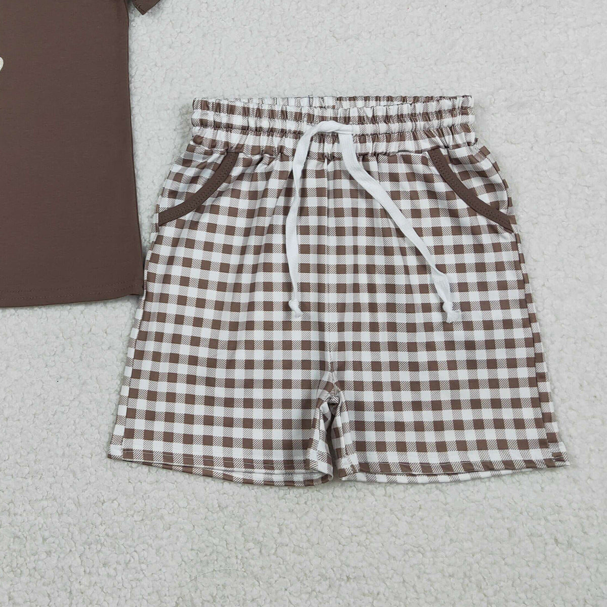 RTS NO MOQ（In Stock) BSSO1637 Embroidered Puppy Tree Branch Brown Short-Sleeved Plaid Shorts Set