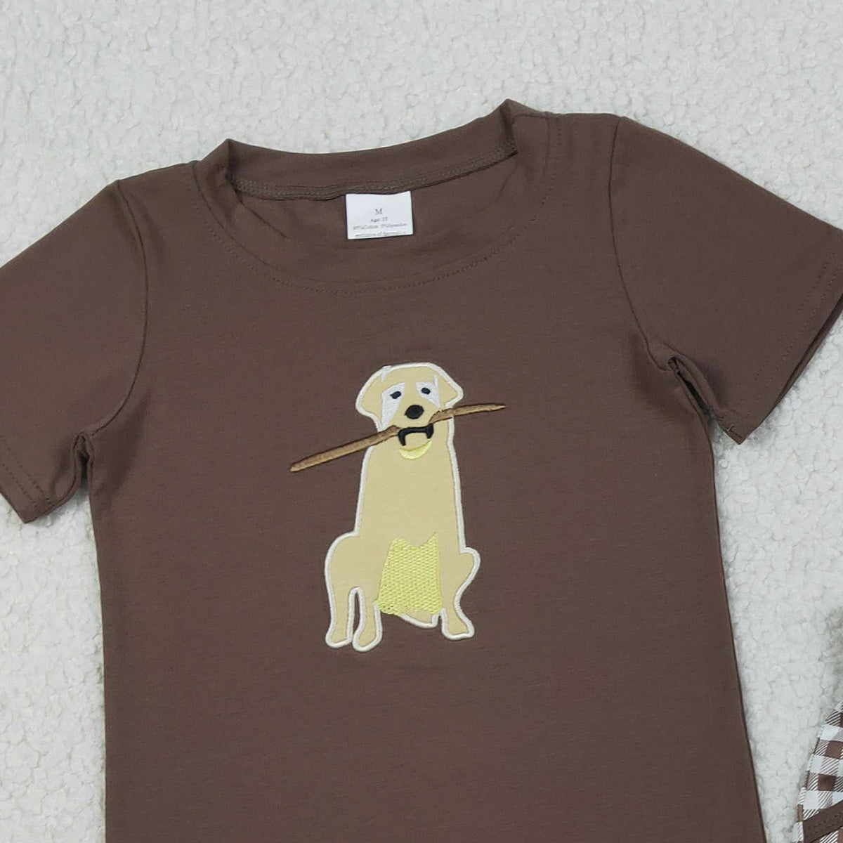 RTS NO MOQ（In Stock) BSSO1637 Embroidered Puppy Tree Branch Brown Short-Sleeved Plaid Shorts Set